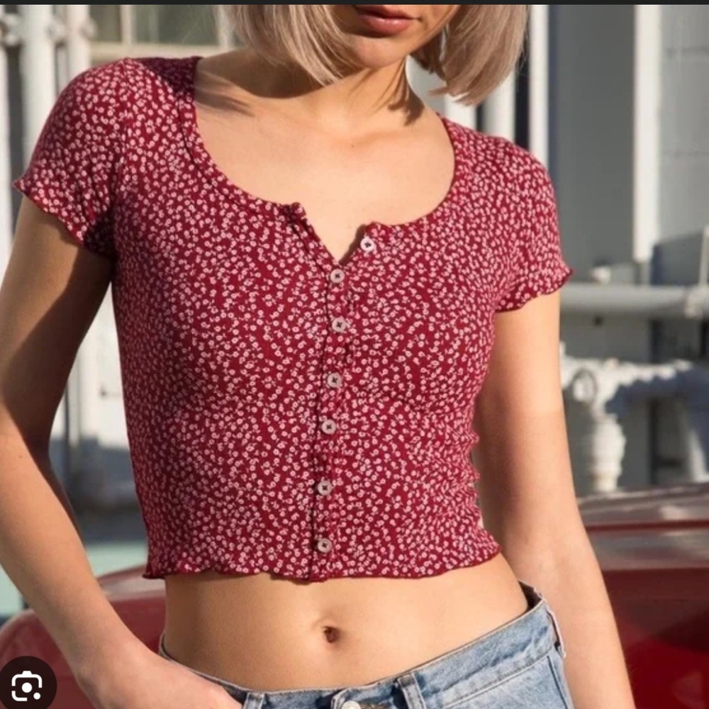 Brandy Melville Red Floral Button-Down baby tee